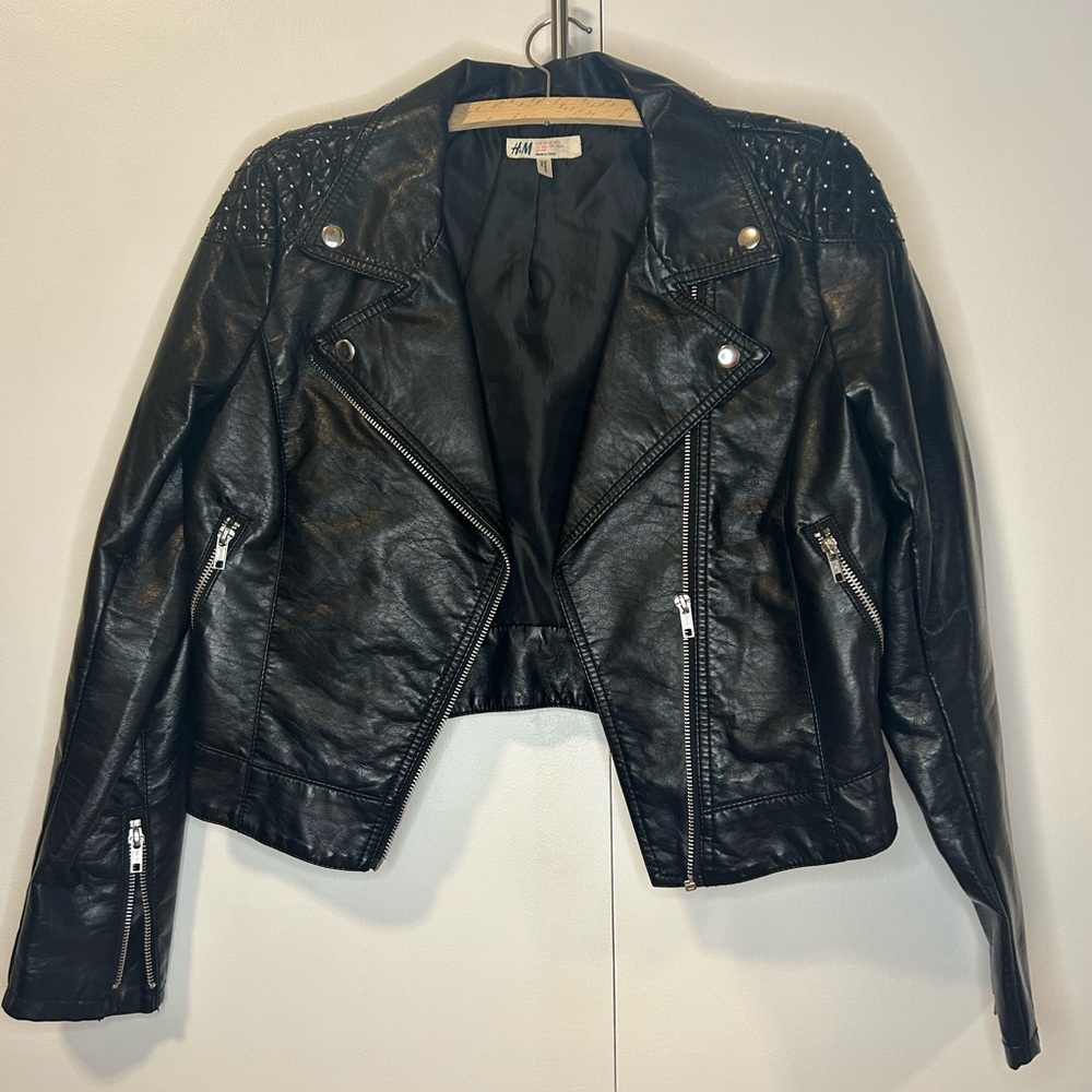 H&M Black Leather Jacket Size 14 youth
